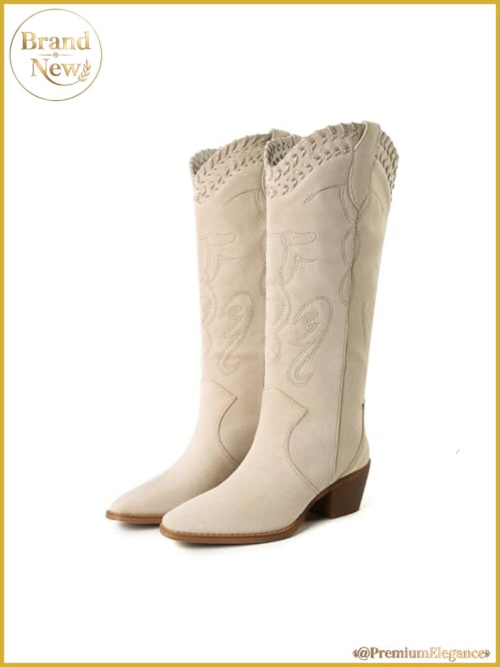 Embroidered Suede & PU Knee High Cowboy Boots Chunky Heel Square Toe